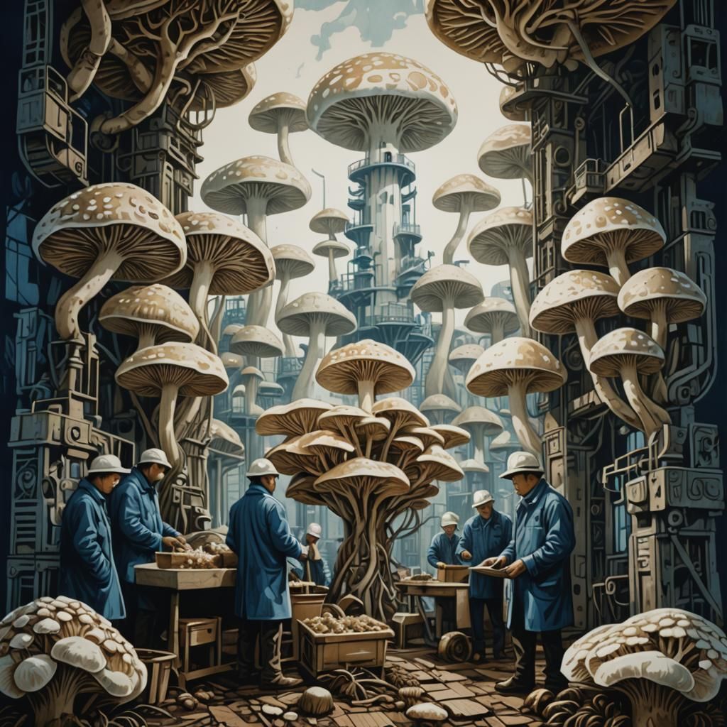 Indonesian Mushroom Harvest in Industrial Linocut Style