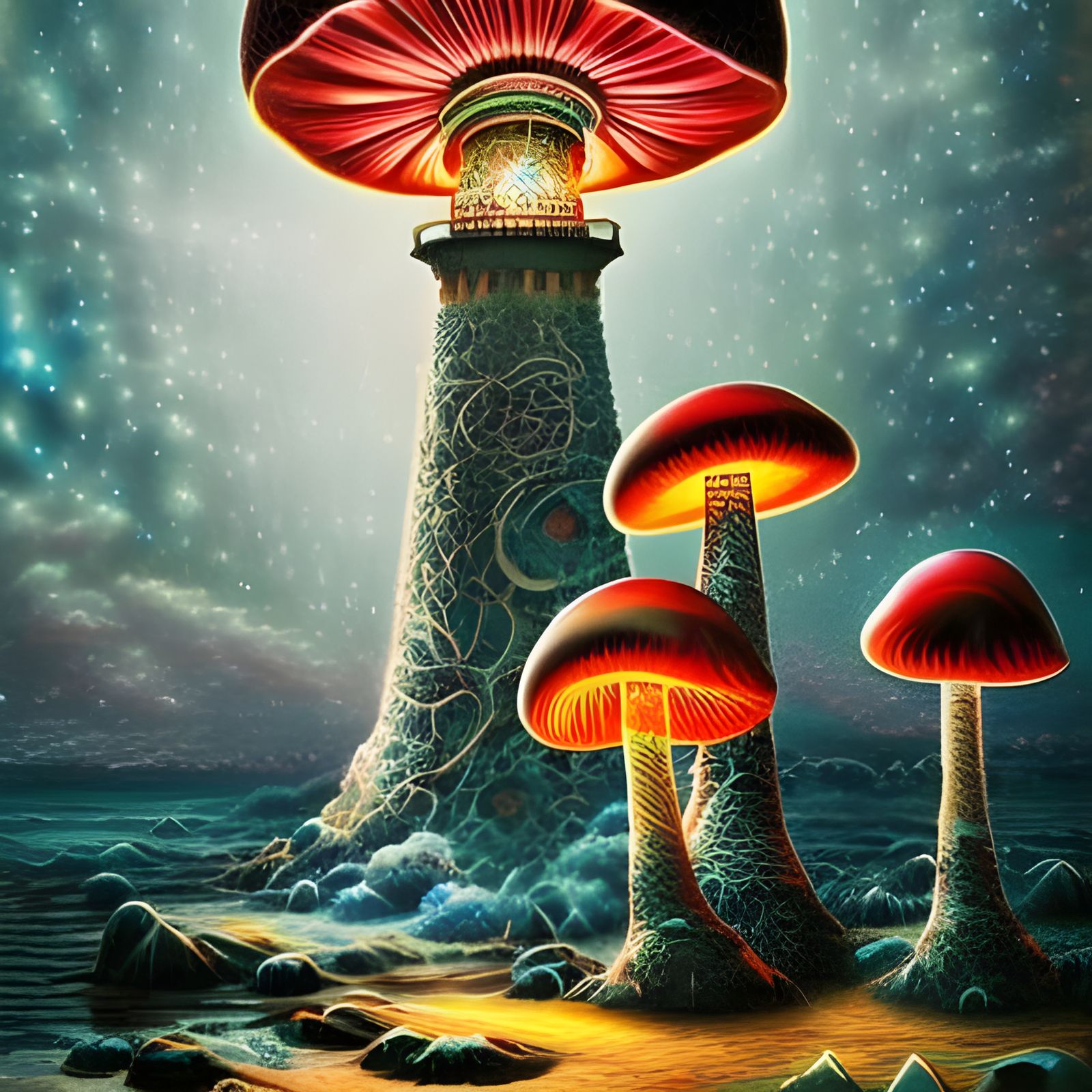 Luminescent Mushroom Lighthouse in Psychedelic Pop Art