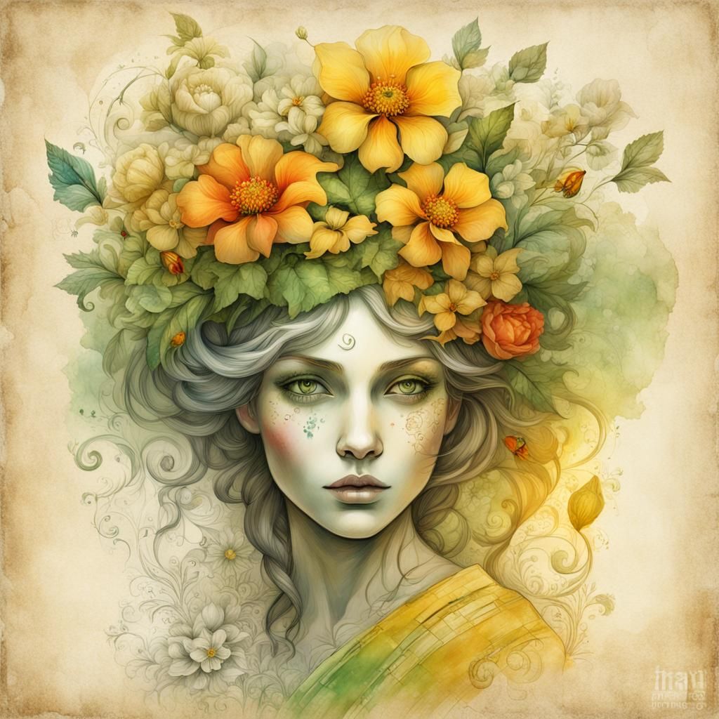 Fairytale Woman with Flowers Storybook Illustration