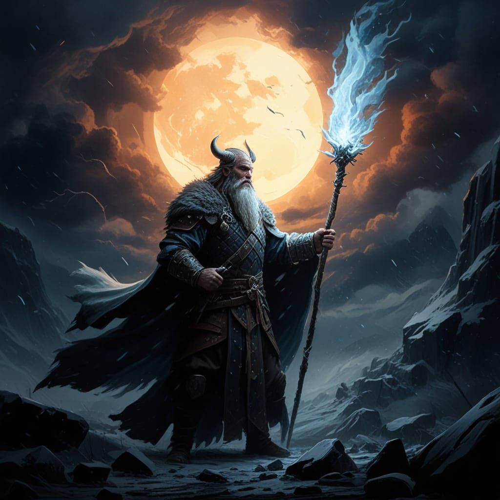 Viking Warrior With Tiny Dragon in Snowstorm