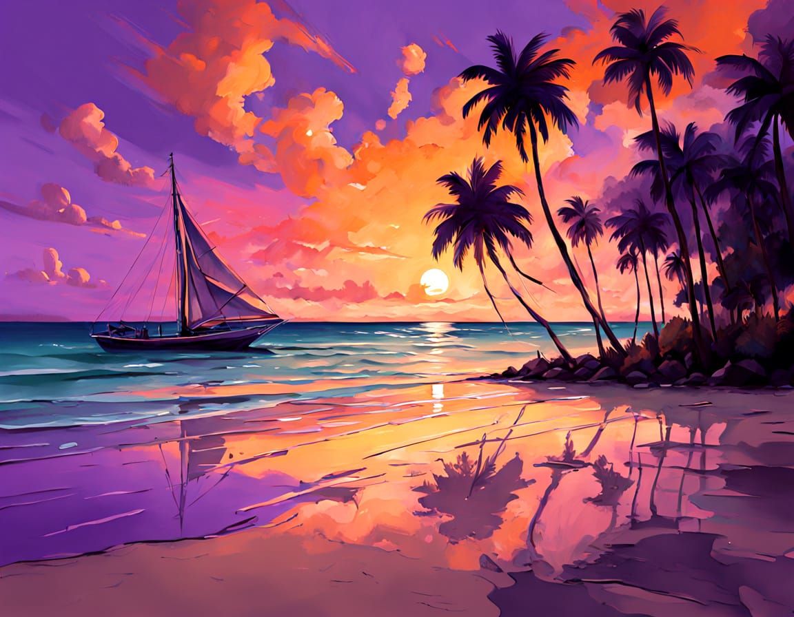 Idyllic Caribbean Beach Sunset with Sailboat