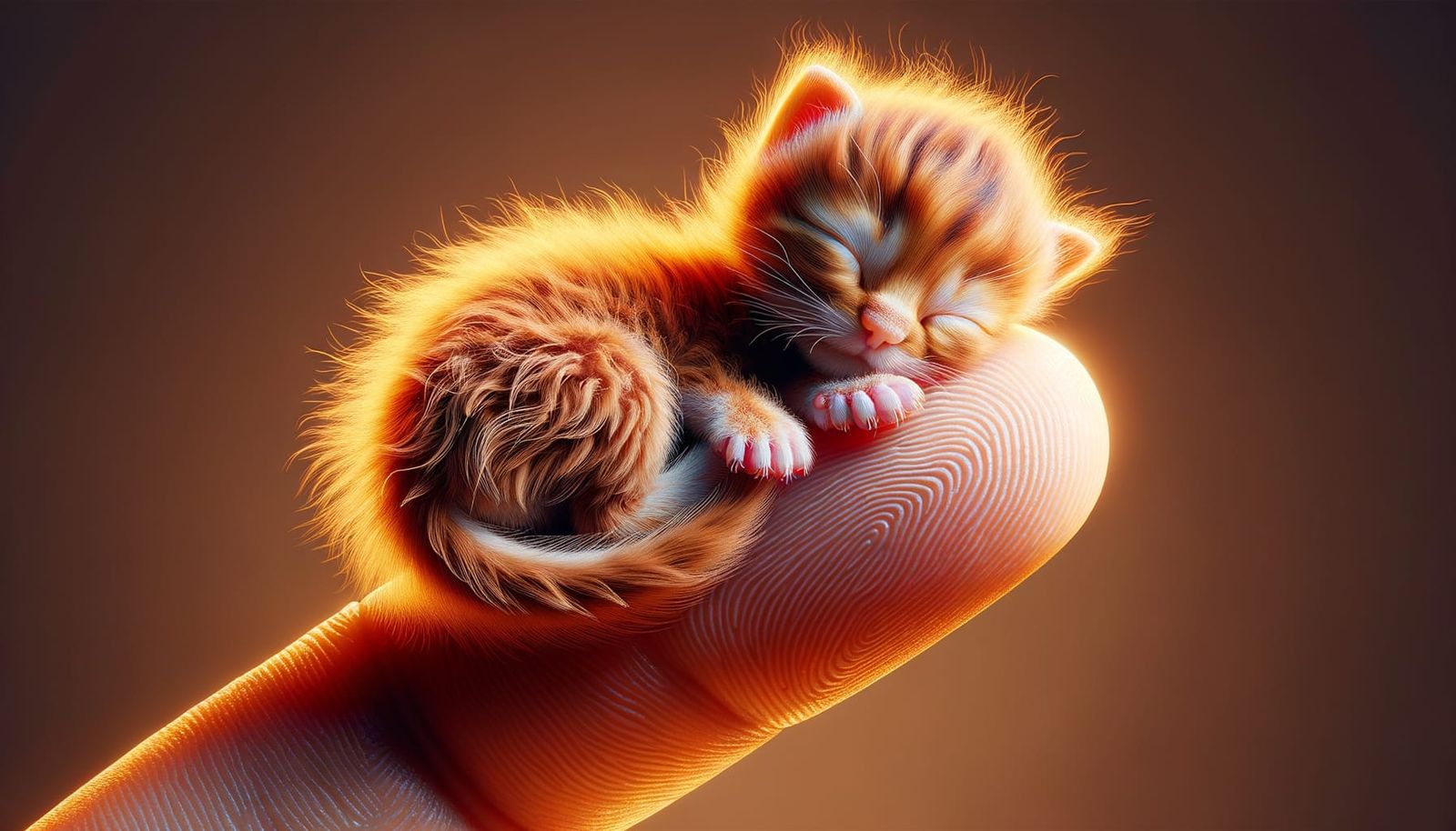 Tiny Nut-Brown Child Cuddles Adorable Sleeping Kitten
