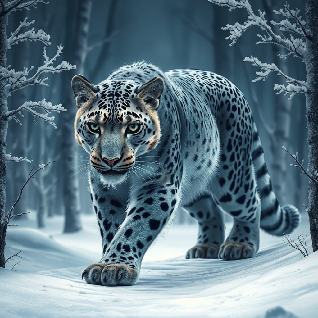 Surreal Snow Leopard in Snowy Forest Landscape
