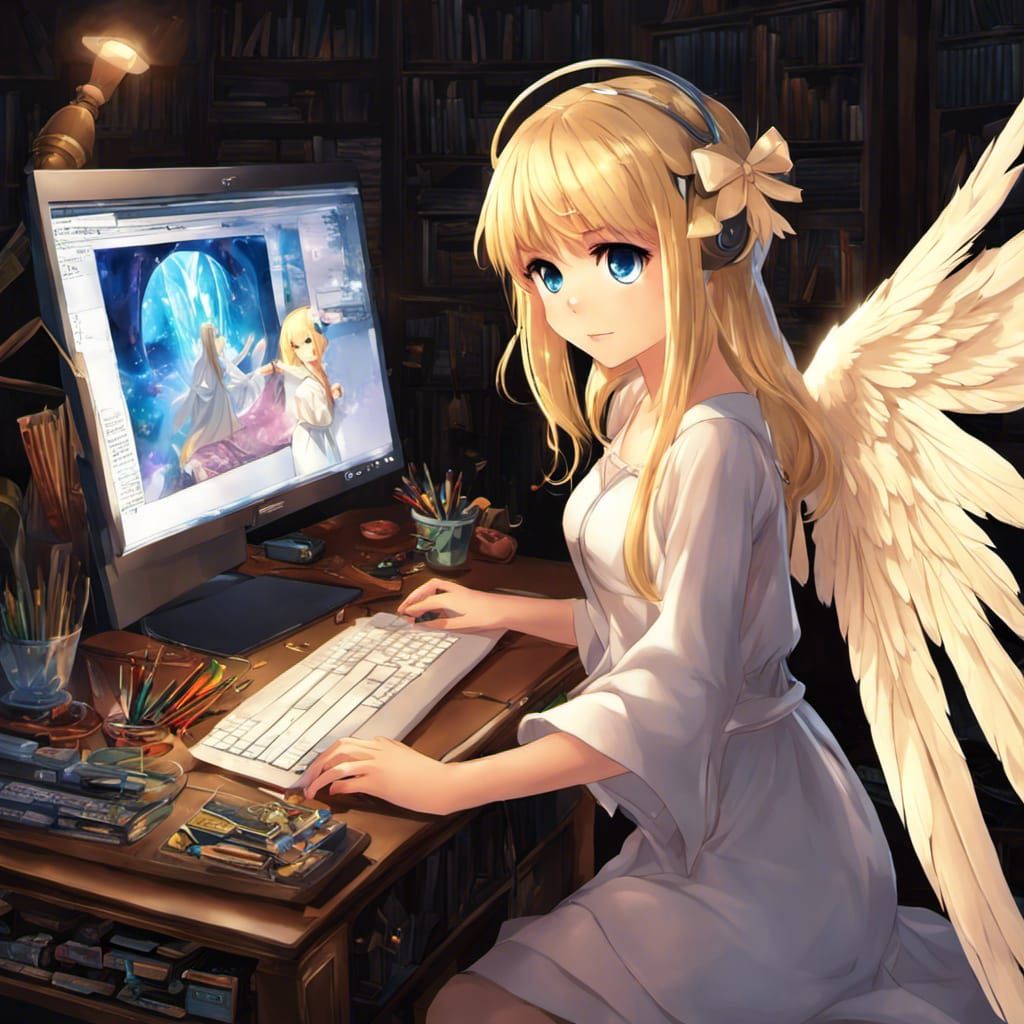 Anime Angel Girl Creating Digital Art