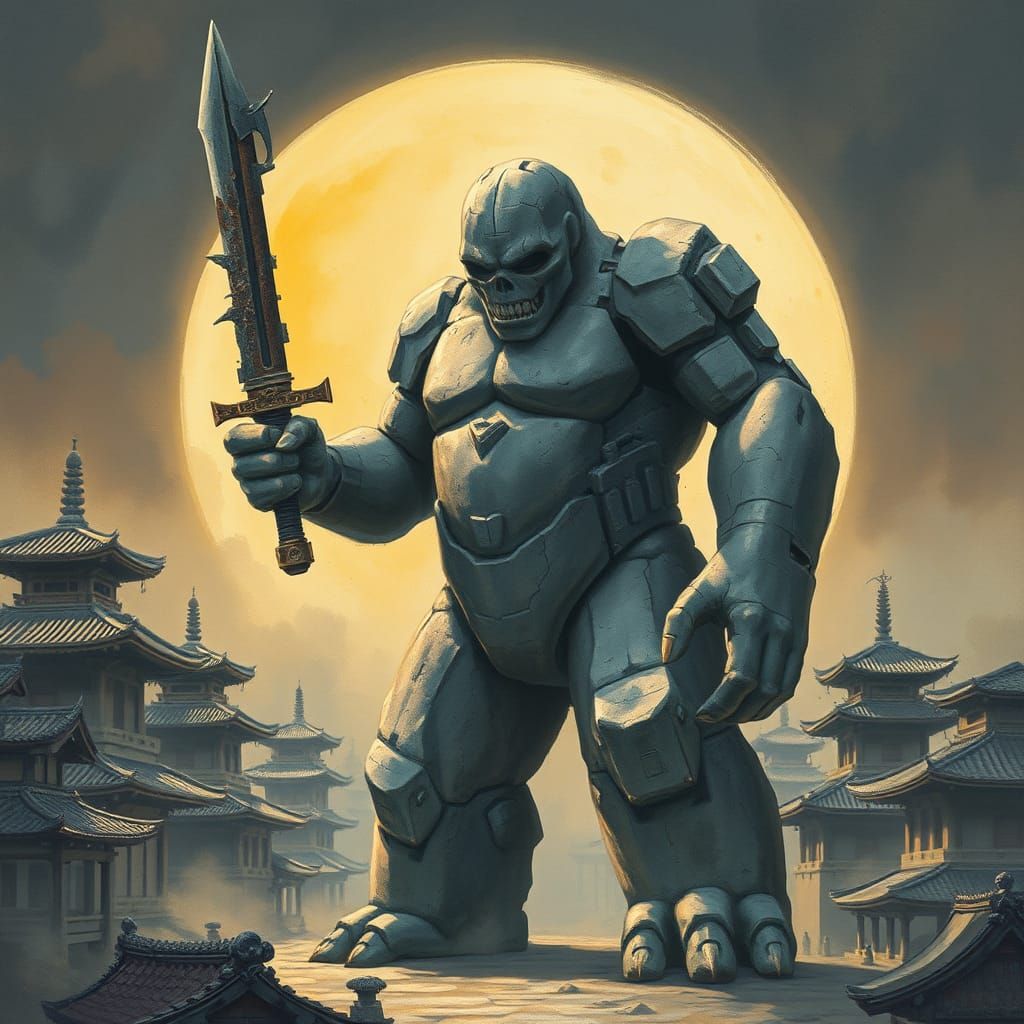 Stone Golem with Broken Sword in Ruined City