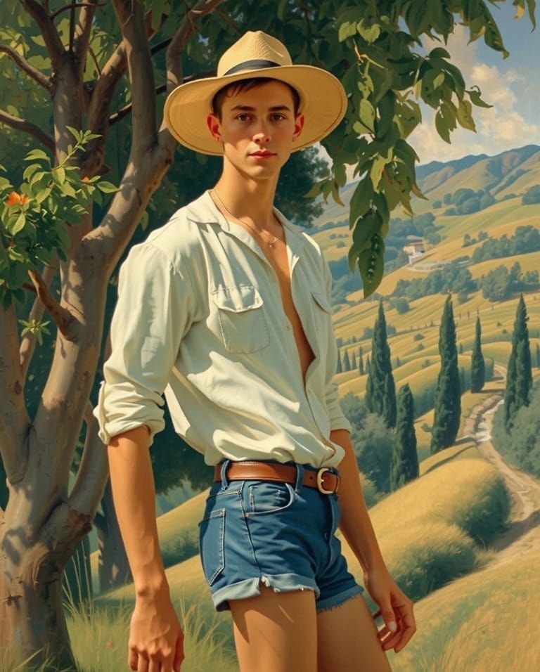 Man in Straw Hat Portrait in Picturesque Landscape