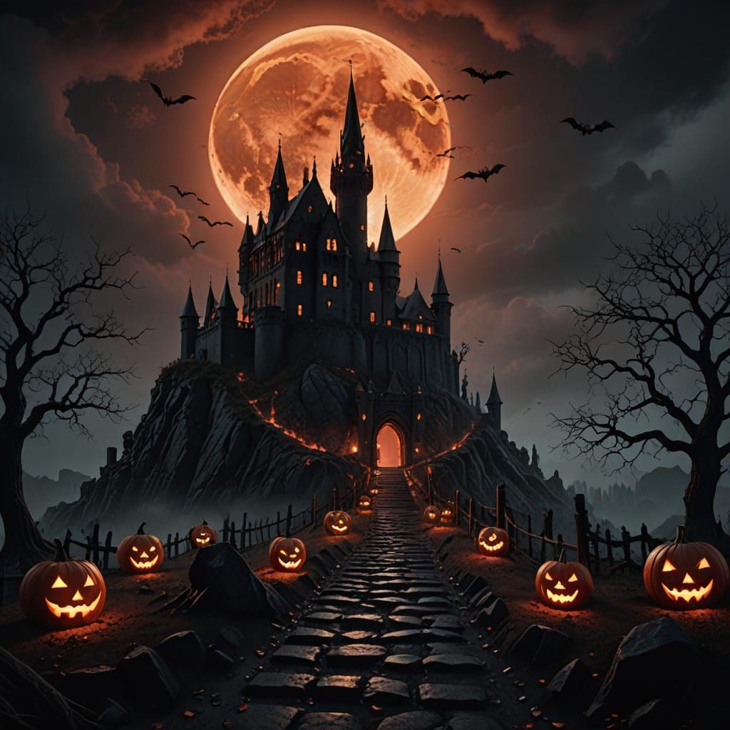 Gothic Castle Under Blood Moon