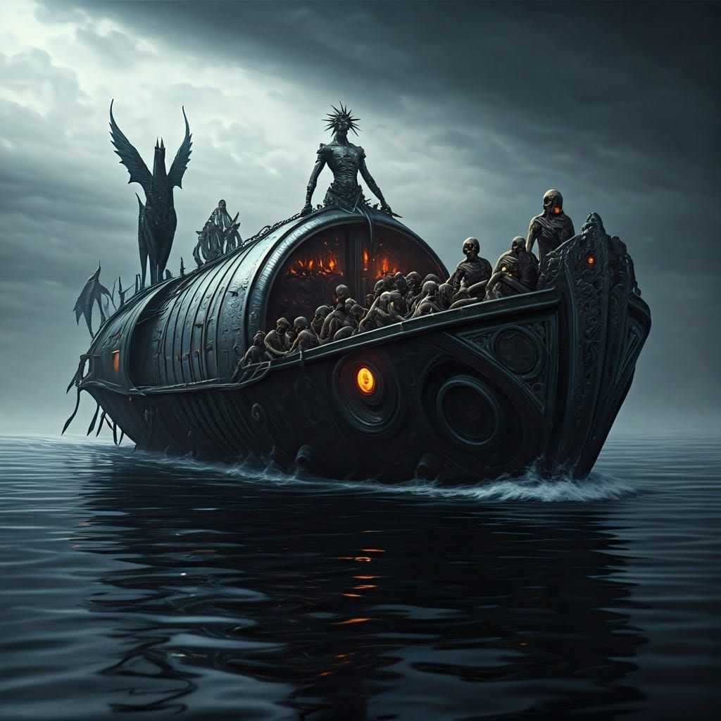 Charon Sails River Styx: Gothic, Detailed Scene