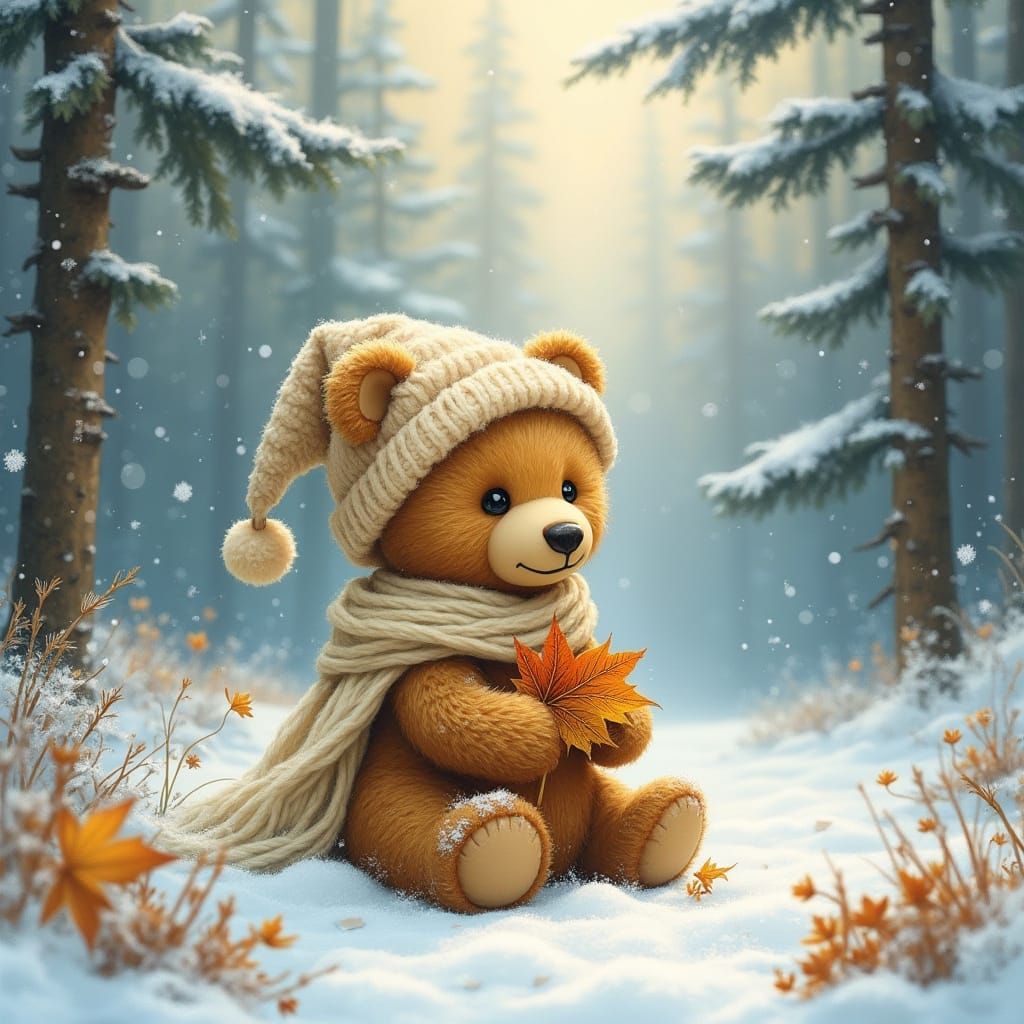 Serenely Contemplative Teddy Bear in Snowy Forest