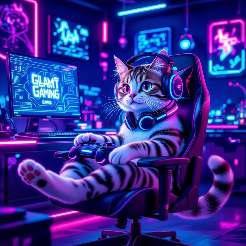 Cyberpunk Cat Gamer in Neon-Lit Room