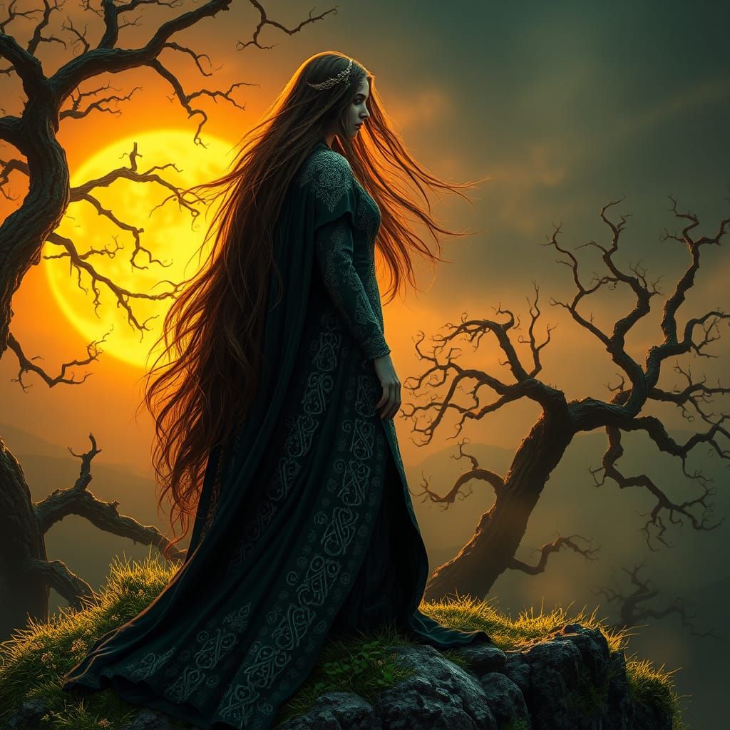 Celtic Druidess at Sunset: Fantasy Concept Art