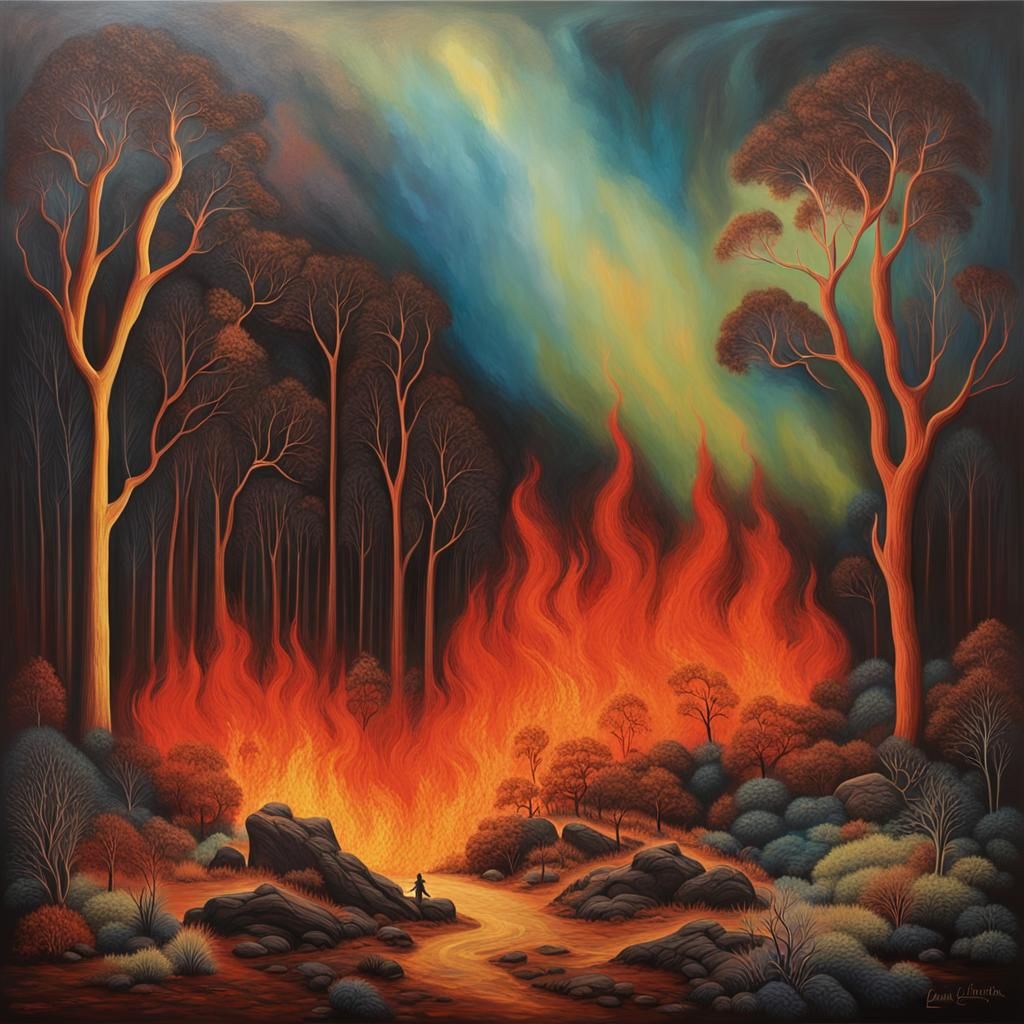 Bushfire Art: Nature's Fury in Surrealist Style