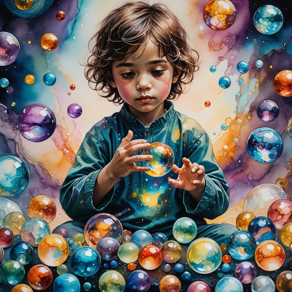 Child with Cosmic Marbles: Surreal Cinematic Art