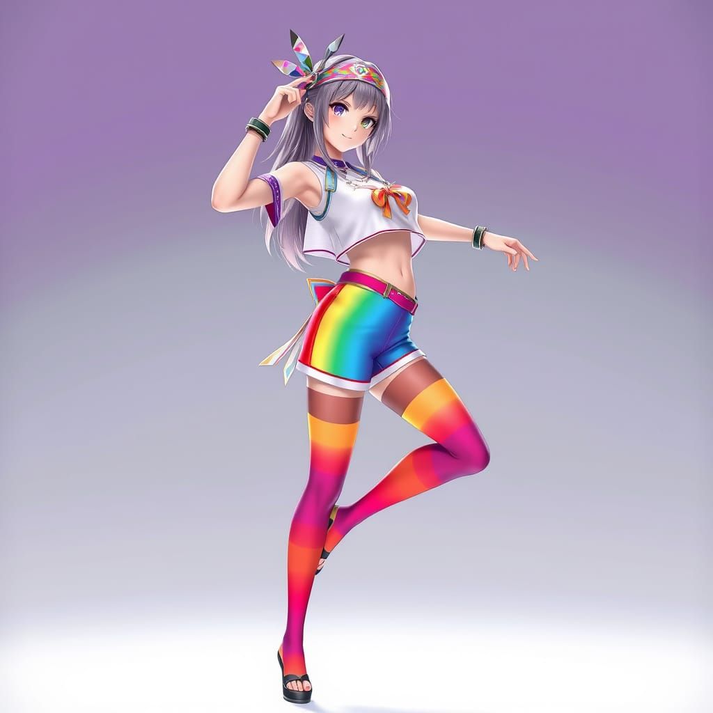 Vibrant Rainbow Anime Woman in Dynamic Pose