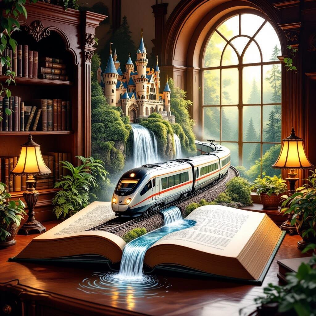 Maglev Train Scene in Open Book, Color Pencil Sketch