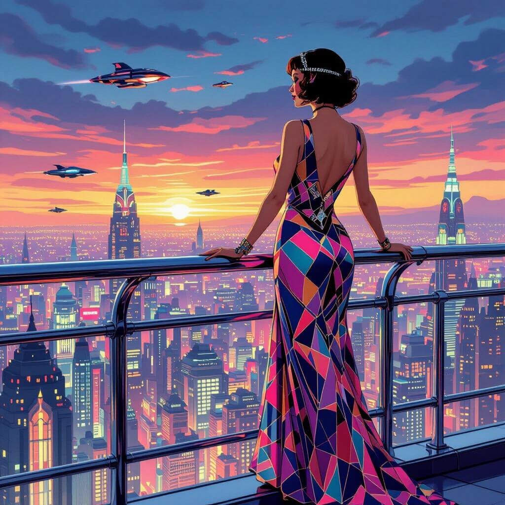 Retro Pin-Up Girl Overlooking Twilight Cityscape