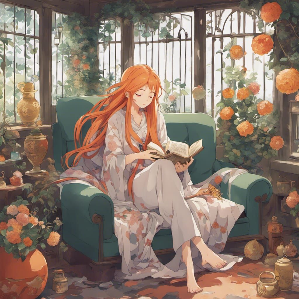 Anime Woman with Braids, Flowers and Birdcages