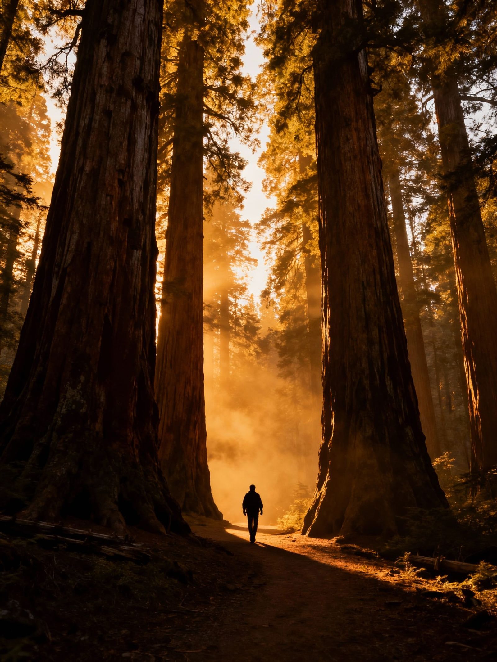 Lone Hiker in Giant Sequoia Forest at Magic Hour
