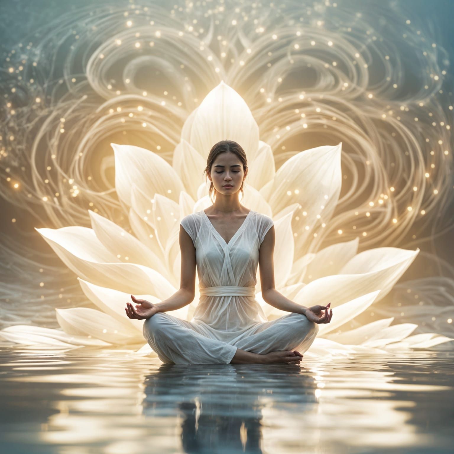Meditating Woman on Lotus Flower in Sea of Light