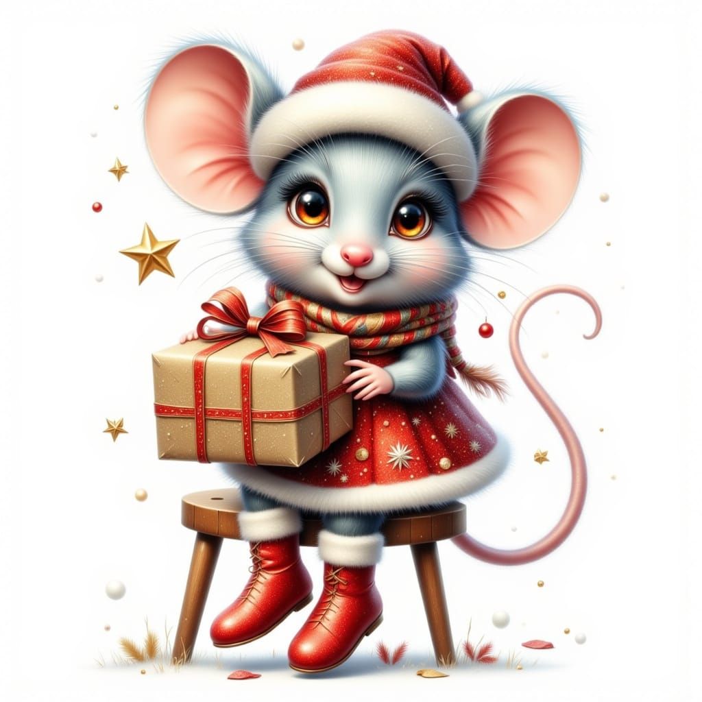 Cute Mouse in Christmas Outfit with Present