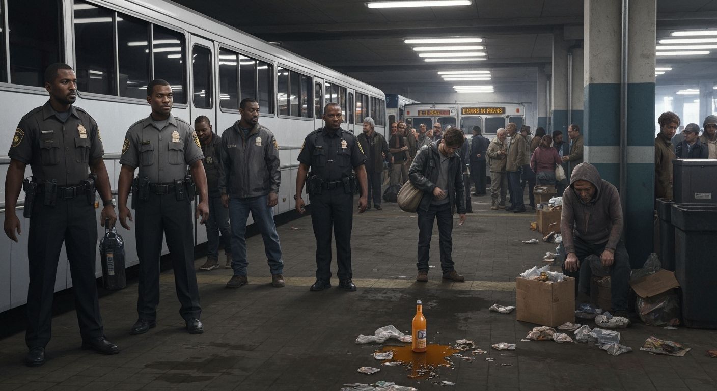 Gritty Greyhound Station Scene with Passengers and Guards