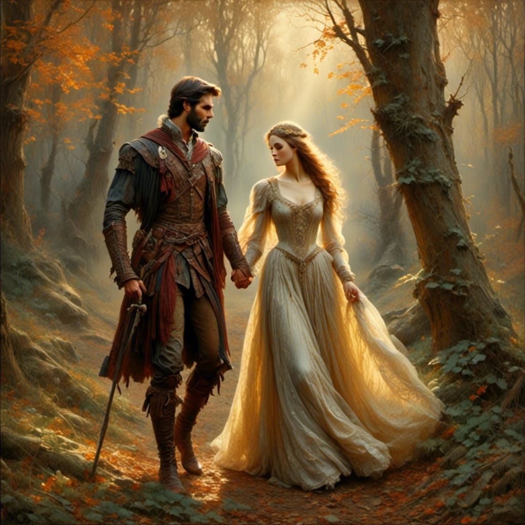 Lancelot and Guinevere at a secret assignation in the forest...