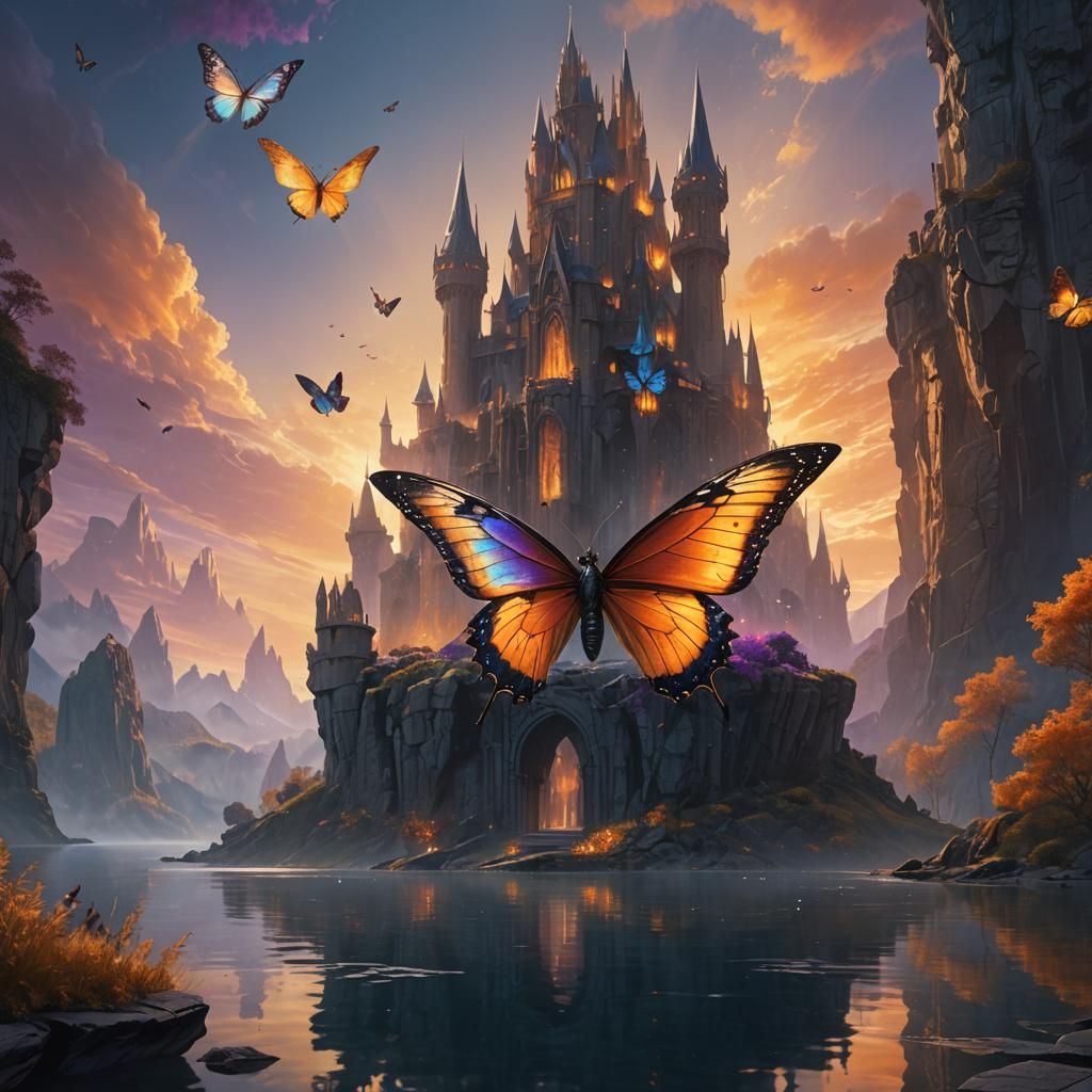 Majestic Butterfly Towers Over Lakeside Castle