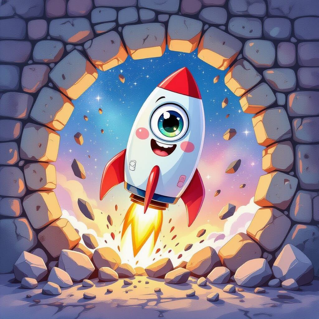 Cute Cartoon Rocket Breaks Through Wall in Watercolor Style