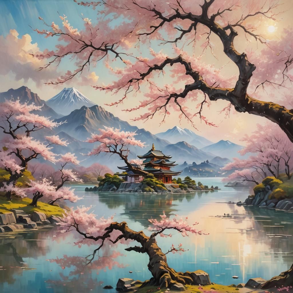 Sakura Tree by Lake: Surreal Impressionist Oil Painting