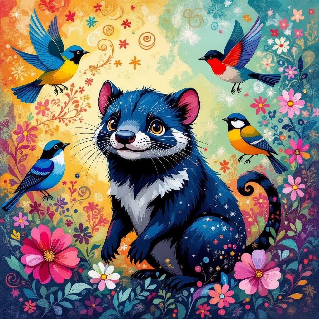 Whimsical Tasmanian Devil with Birds in Decorative Style