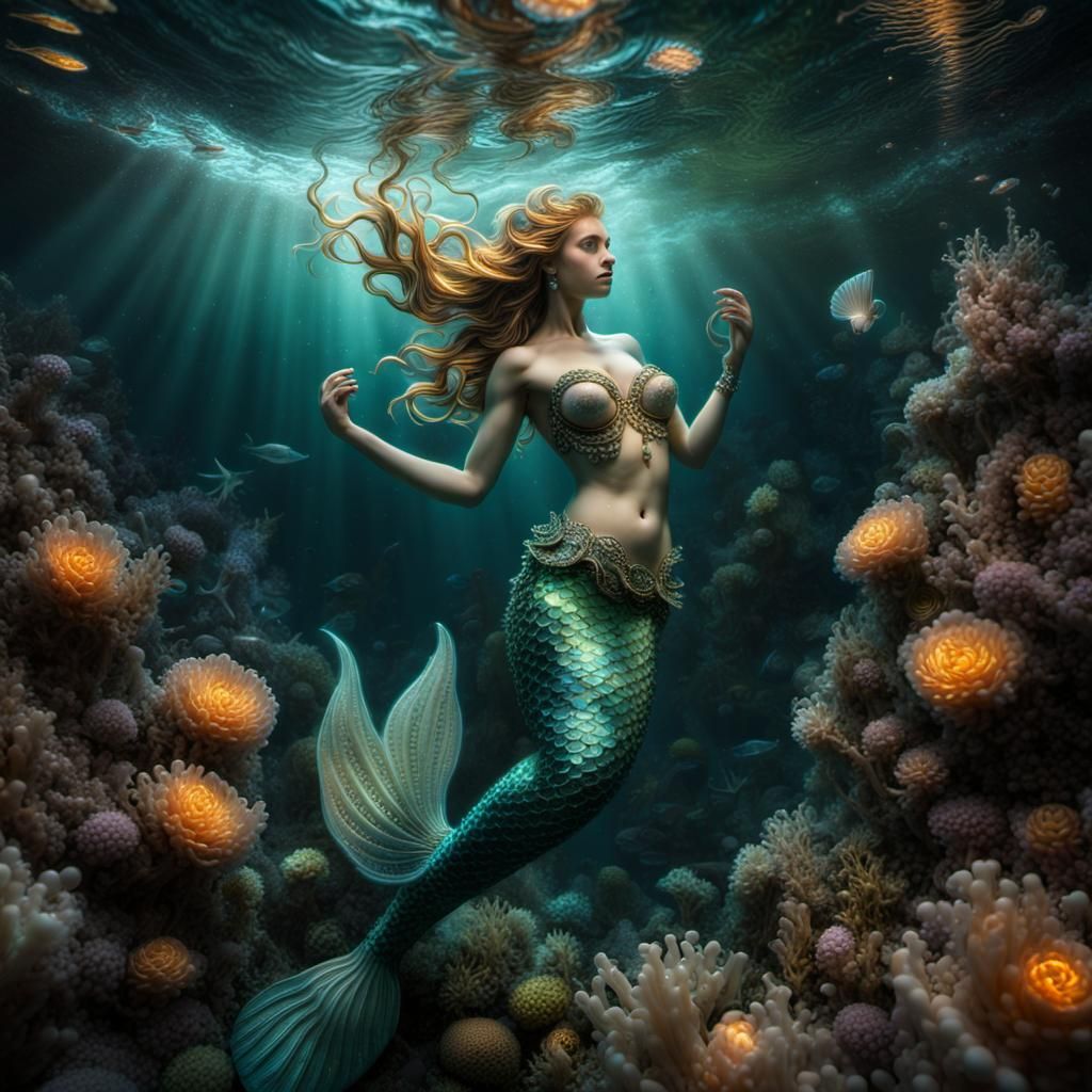 Luminous Mermaid Surrounded by Underwater Treasure
