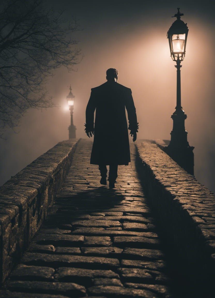 Frankenstein's Monster Walks on Misty Bridge