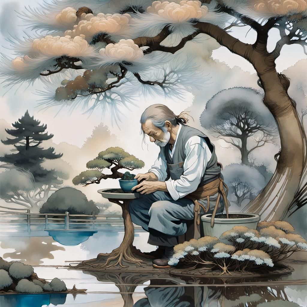 Ethereal Groundskeeper in Serene Garden Scene, Soft Focus St...