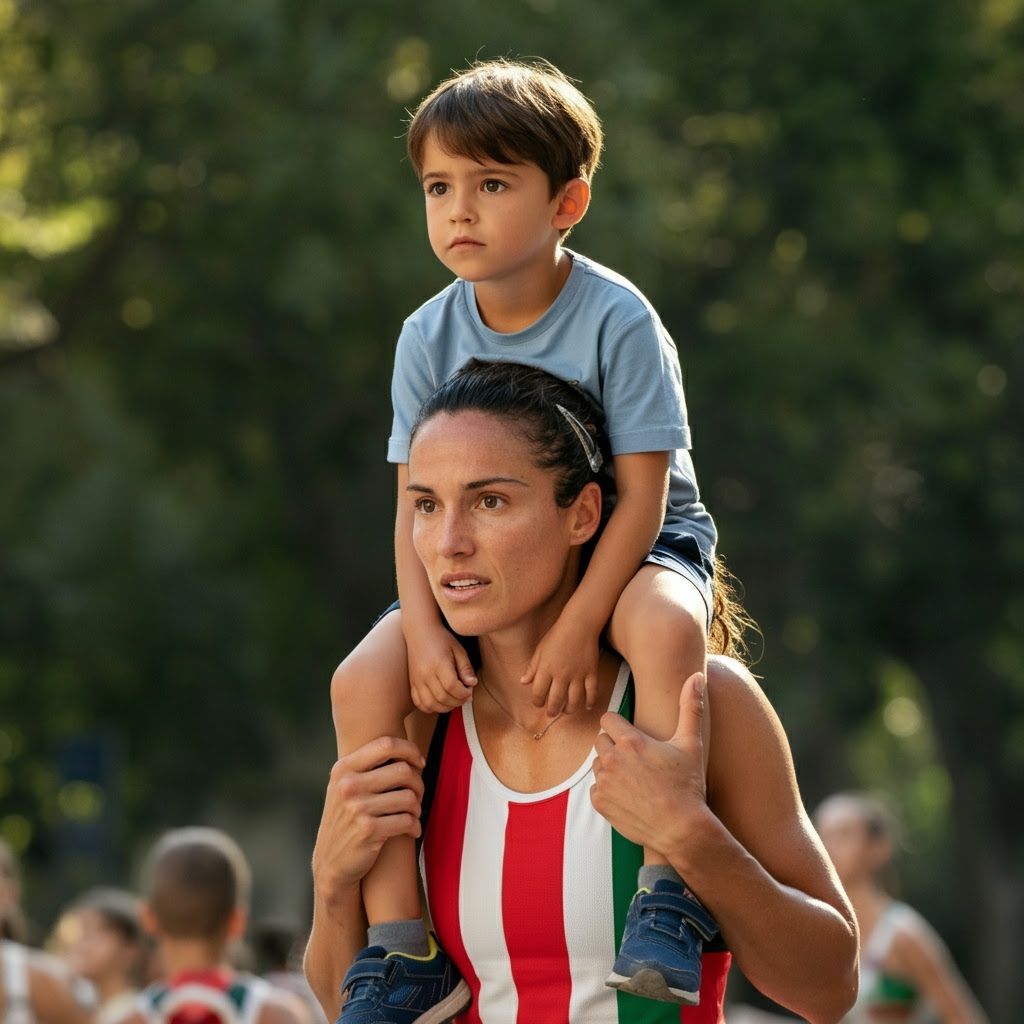 Photorealistic Scene of Italian Woman Carrying Boy