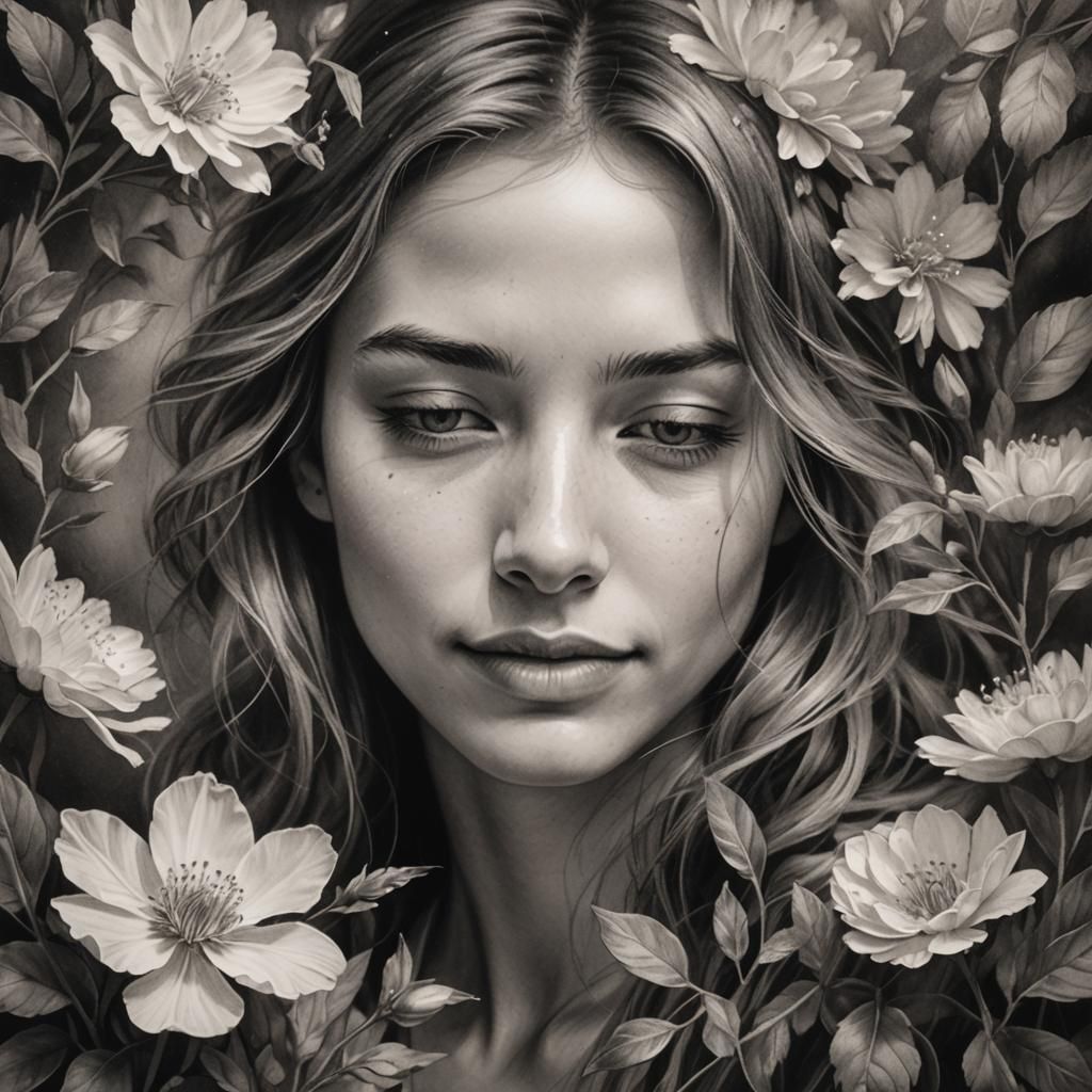 Charcoal Portrait of Smiling Woman with Flowers