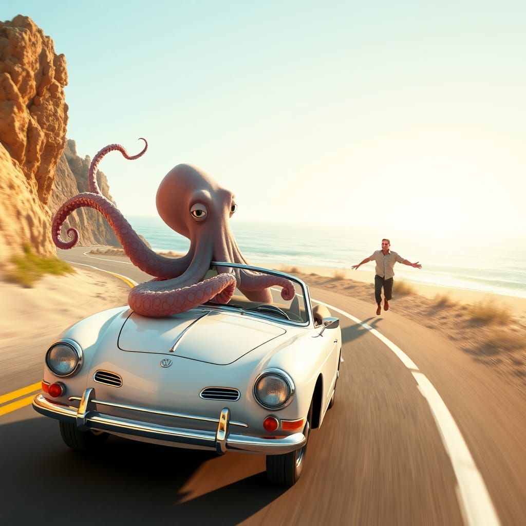 Squid Joyriding Karmann Ghia on Coastal Road as 3D Art