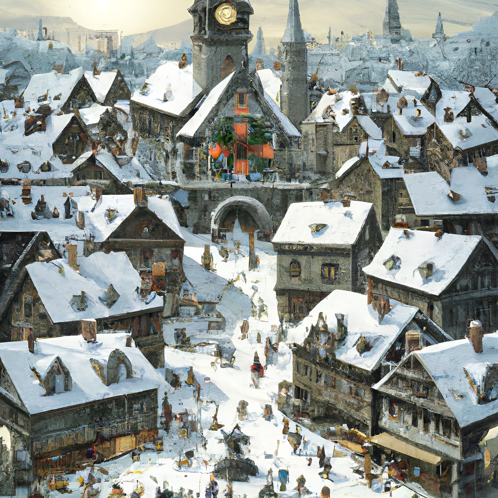 Snowy Old Town Square in Brueghel Style