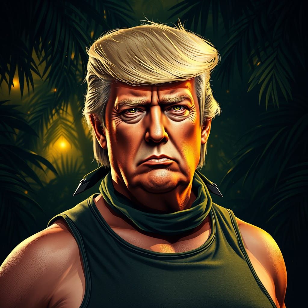 Dramatic Rambo-Inspired Portrait of Donald Trump in Jungle G...