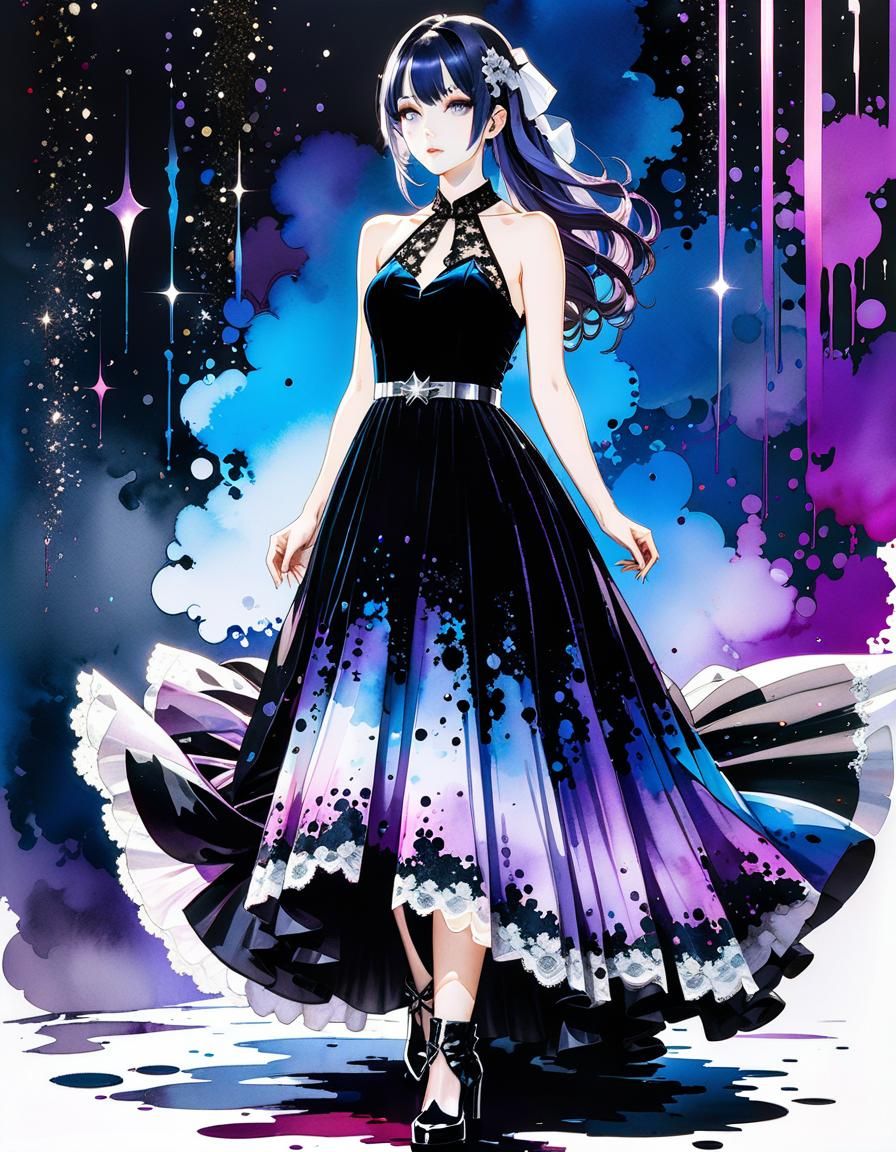 Gothic Dress in Watercolour Ink Splatter Style