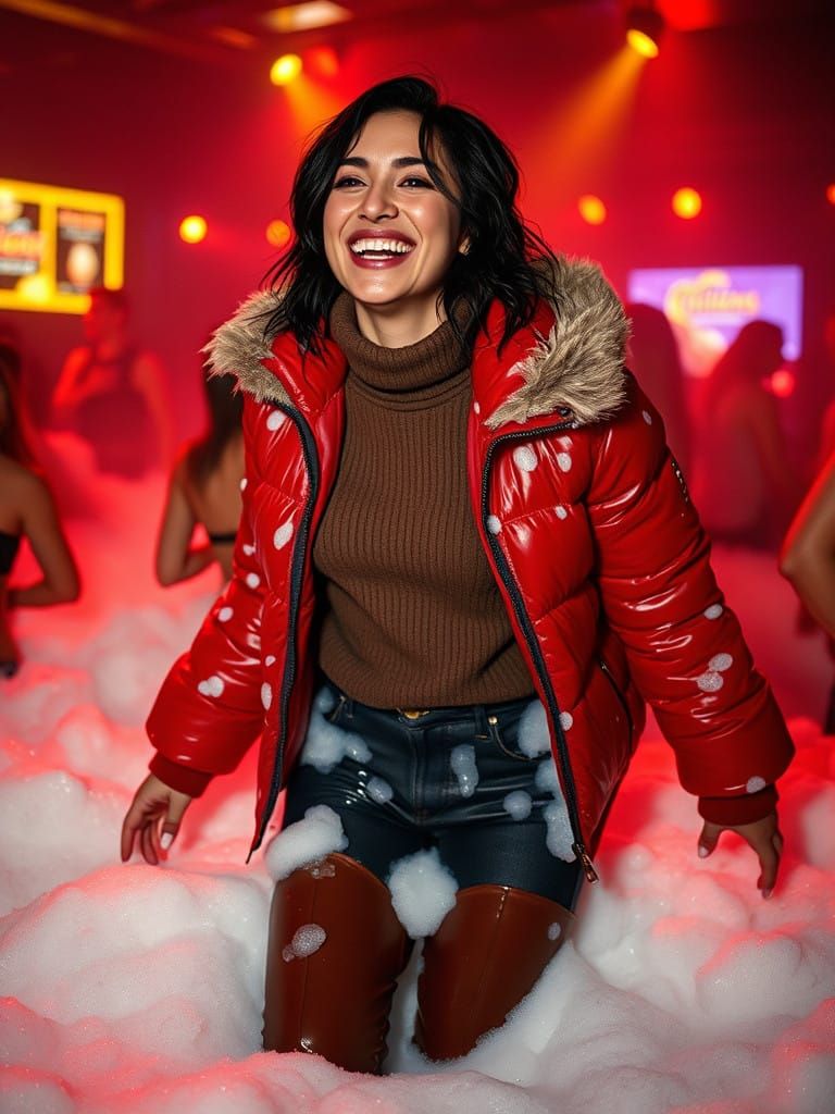 Dark-Haired Woman Emerges from Foam at Nightclub