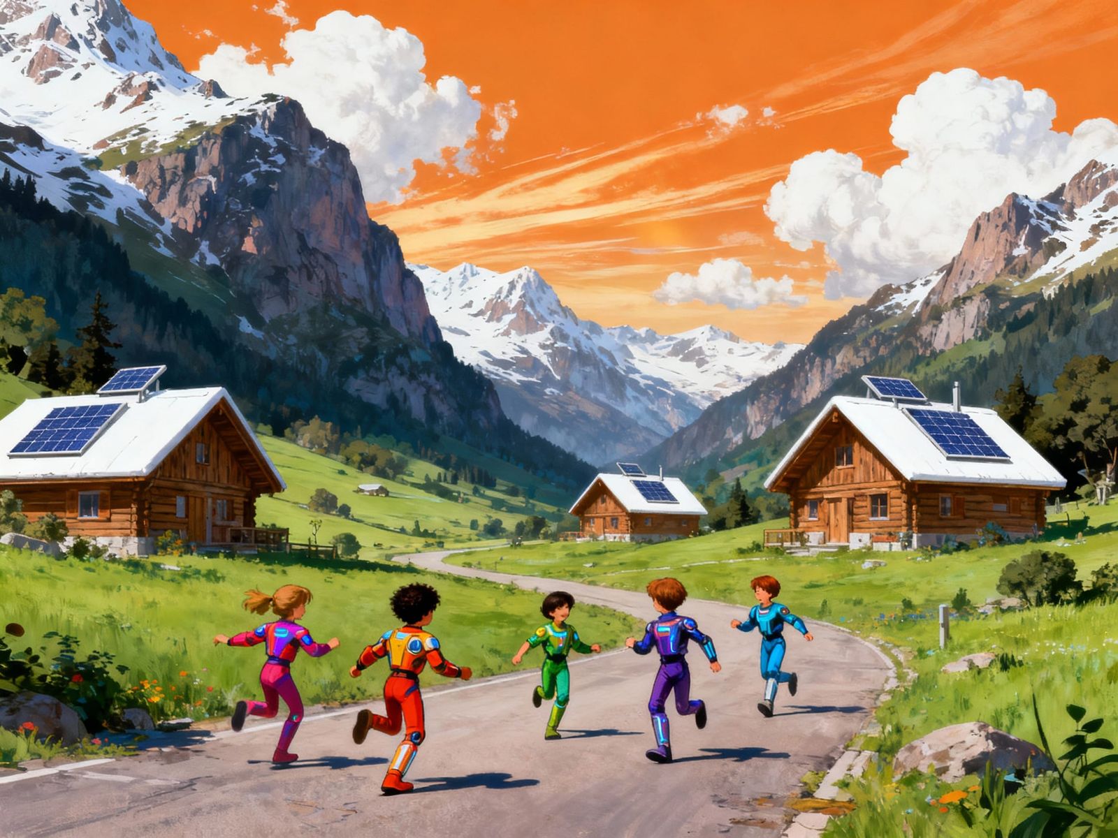 Futuristic Neighborhood with Children in a Mountain Valley