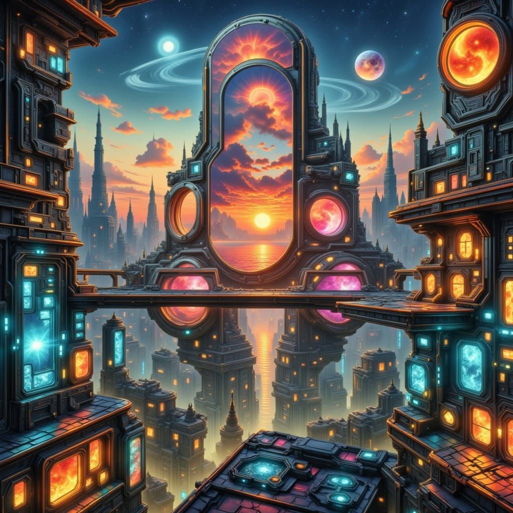 Cyberpunk Space City at Sunset