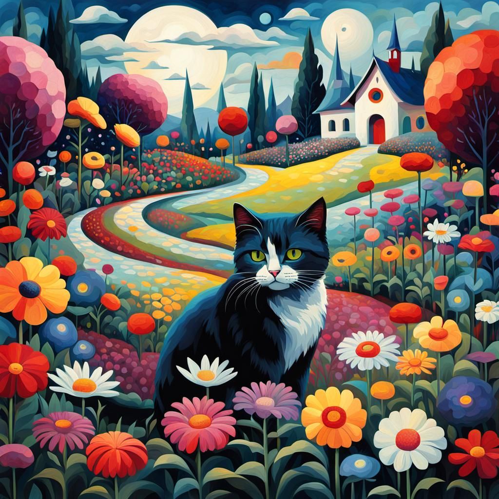 Cat in Flower Garden: Kandinsky-Inspired Abstract Art
