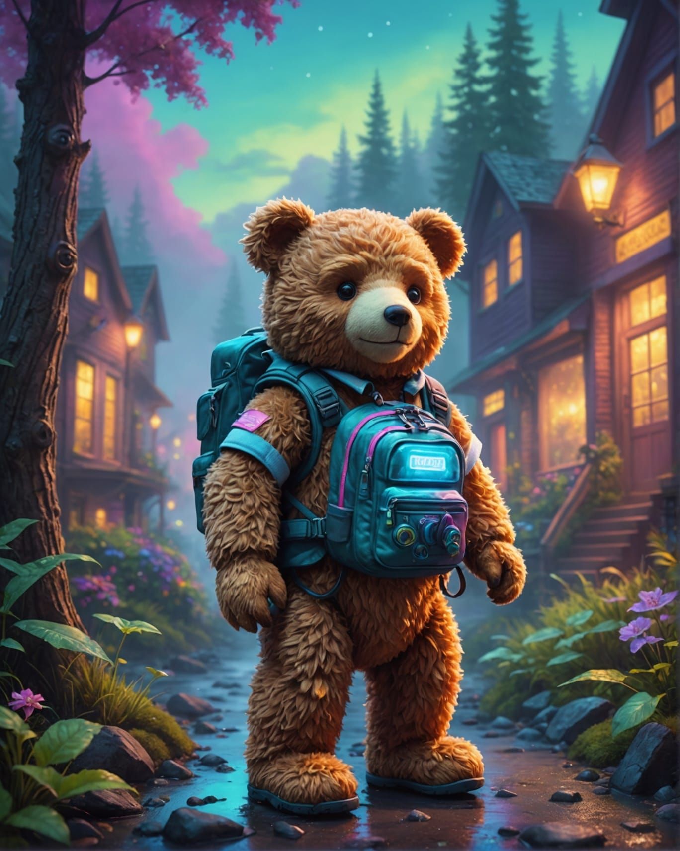 Adventurous Teddy Bear in Ethereal Fantasy Landscape