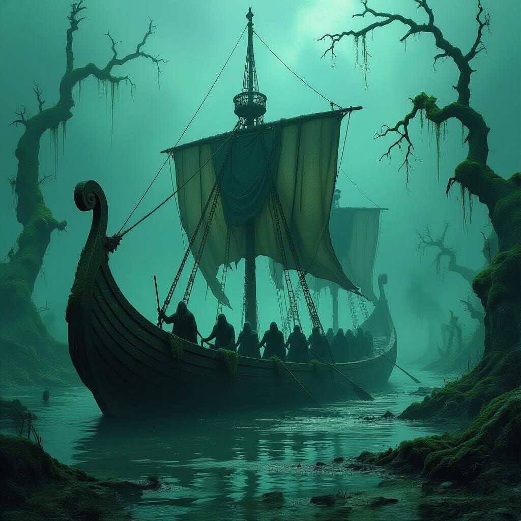 Ancient Viking Longship Lost in Spectral Swamp
