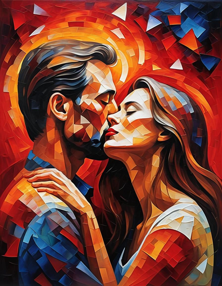 Ethereal Kiss in Surreal Cubist Space Art