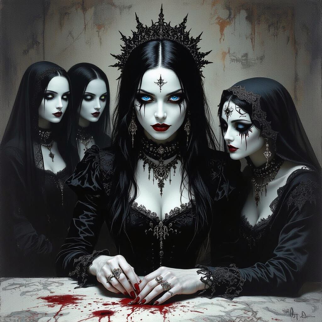 Gothic Sisters and Mother with Macabre Scene