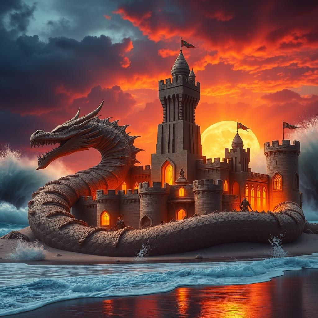 Dragon Sandcastle on Stormy Beach, Hyper-Realistic Matte Pai...