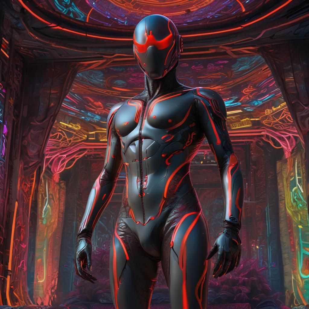 Cyberpunk Spacesuit Figure with Interconnected Lifeforms