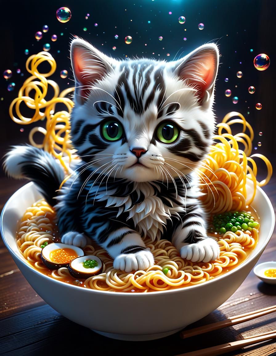 Kitten in Ramen Bowl, Detailed Fantasy Art